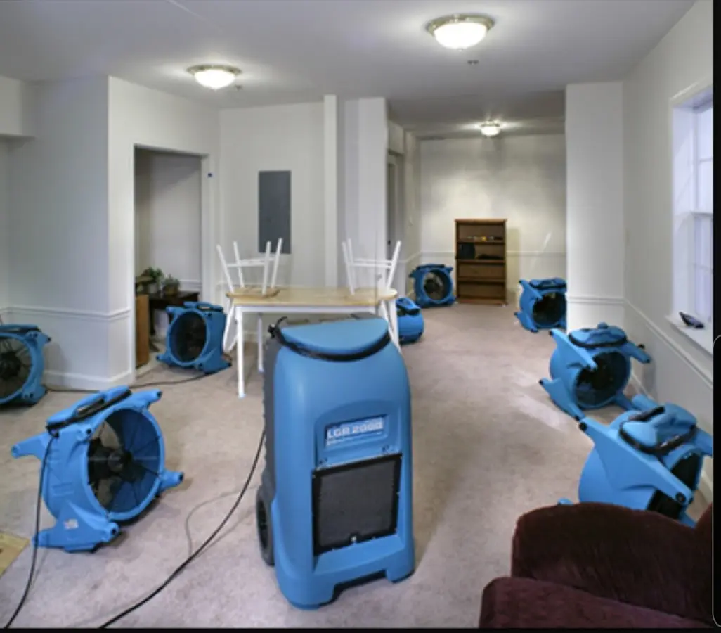 Air movers and dehumidifier setup for Water Damage Restoration in Yarmouth